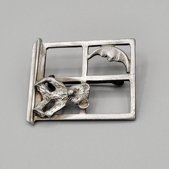 Mystique Teddy Bear Moon in Window Frame Brooch Pin Pewter Silver Tone - Picture 2 of 9